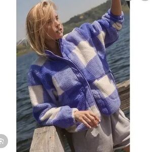 Free People Hit The Slopes Printed Fleece Jacket Bomber Checkered